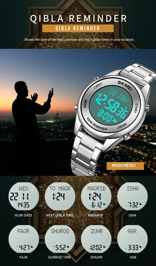 Luxury Full Steel Back Light Digital Muslim Azan Watches