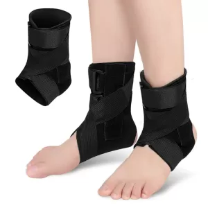 Close-up photo of a black ankle fixation brace worn on a person's right ankle.