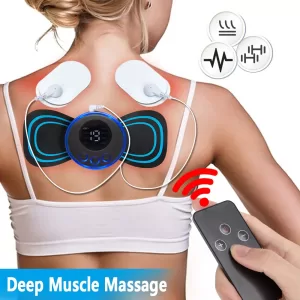 A person using a neck and shoulder massager with a relaxed expression