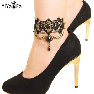 Close-up photo showcasing a pair of YiYaoFa black lace anklets (LA-01).