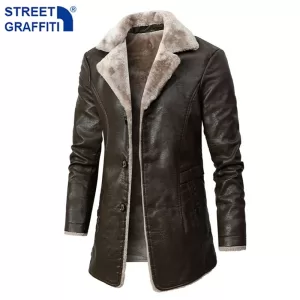 Men Winter Long Thick Fleece PU Leather Jacket Mens Streetwear Casual Business Clothing Porcket Leather Jackets Coat