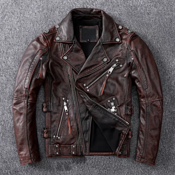 Vintage Brown Motorcycle Leather Jacket Men Natural Genuine Cowhide Jackets Autumn Slim Fit Biker's Ooblique Zipper Coat