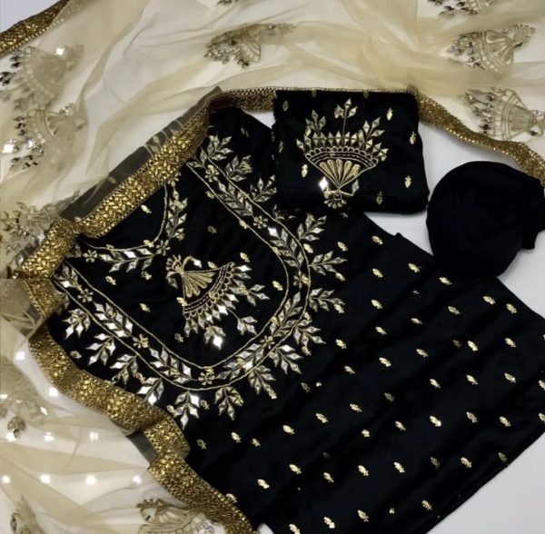 Krinkal Chiffon Embroidery And Mirror Work Shirt Qattan Silk Trouser Net Mirror Work Dupata