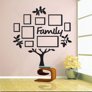 A modern family tree wall decal with black frames for displaying family photos.