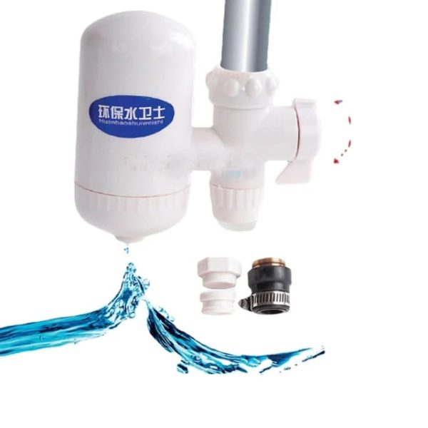 Chrome home faucet water filter with a clear housing and replaceable filter element tube, attached to a kitchen faucet.