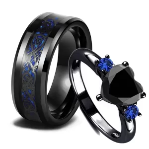 Men Stainless Steel Celtic Dragon Ring Heart Black Zircon Women Wedding Rings Set Valentine's Day Jewelry