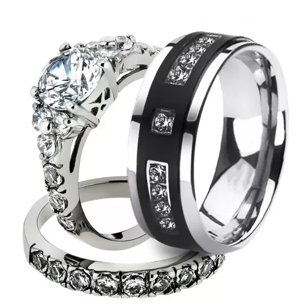 Men Fashion Stainless Steel Black Ring Ladies Rhinestone Silver Color Couple Ring