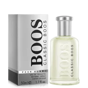 Gift box in silver metal with black and white geometric design. Boos Classic Pour Homme men's cologne.