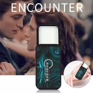 Deodorant container in white with a decorative teal peacock feather, ideal for travel.