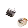 Close-up of a stainless steel dough roller with a wooden handle on a white background.