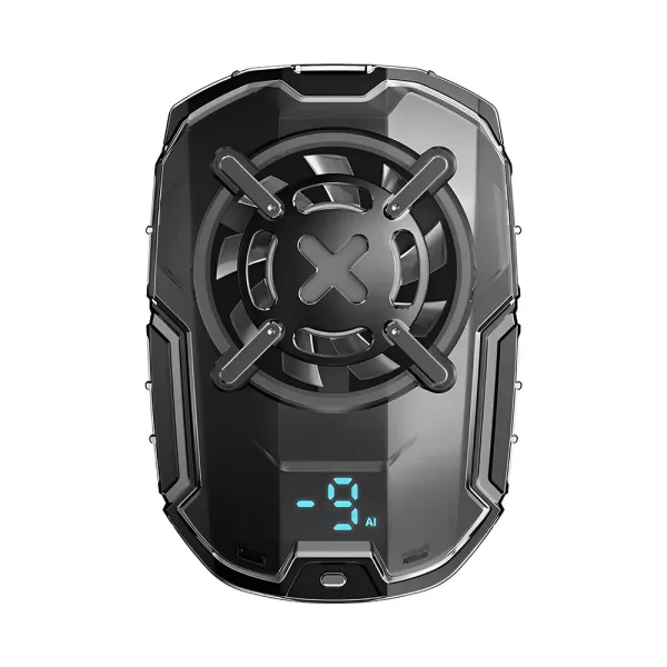 Black DL16 mobile phone cooler securely attached to a smartphone during gameplay.