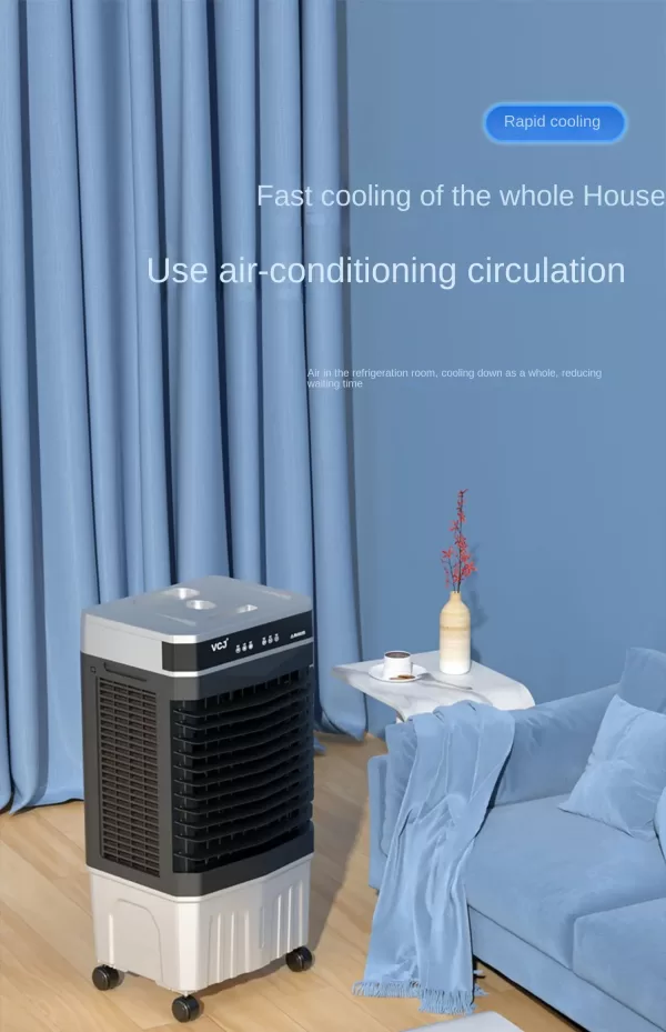 VCJ Water Air Cooler Fan circulating cool air in a living room.