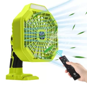 A Multifunction Fan with LED Light attached to a Ryobi 18V battery, standing on a campsite.