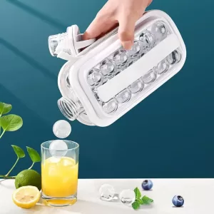 Transparent plastic ice ball maker bottle with a cap, filled with round ice balls.