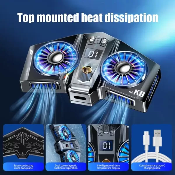 Magnetic phone cooler with a fan attached to the back of a smartphone