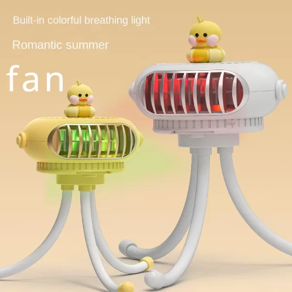 A close-up photo of the 2024 New Octopus Fan with Light attached to a stroller. The fan's flexible legs are wrapped around the stroller handle, and the soft nightlight is glowing.