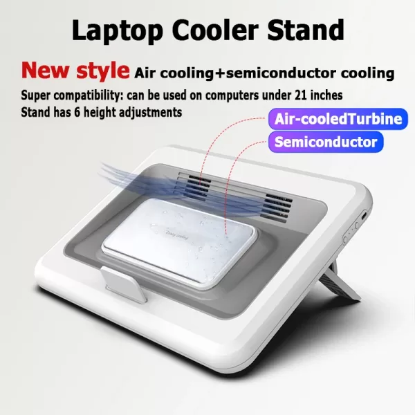 Black laptop cooler stand with a sleek design and multiple built-in semiconductor cooling units positioned beneath a raised platform for a gaming laptop.