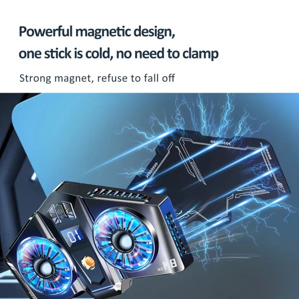 A close-up of the Magnetic Chill with two fans and a magnetic backing. Title: Powerful Dual Fans