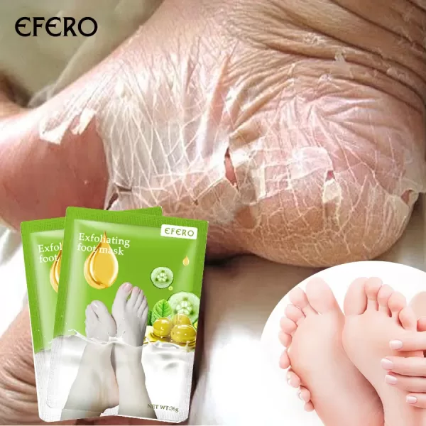 Close-up of a pair of exfoliating foot mask socks with a gentle, moisturizing formula.