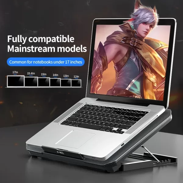 A black laptop cooler with an elevated design and a 17-inch gaming laptop on top.