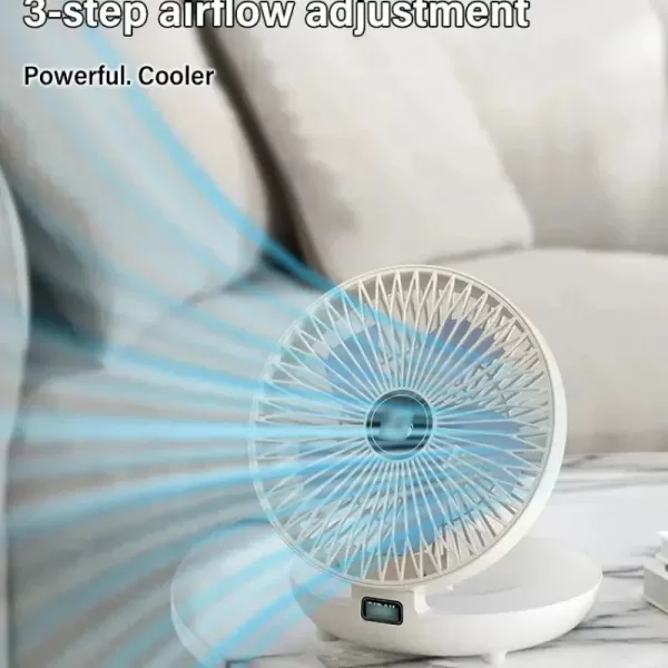 White mini USB fan with a black adjustable arm, mounted on a white kitchen wall.