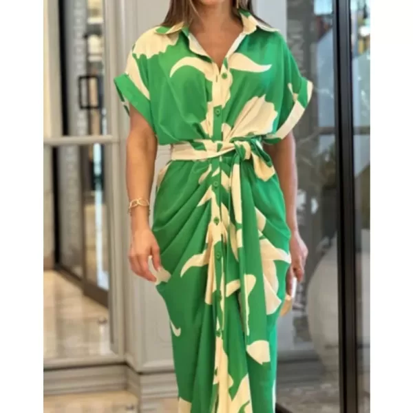 green-white color Dress Women Short Sleeve High Waist Lace-Up Long Dresses