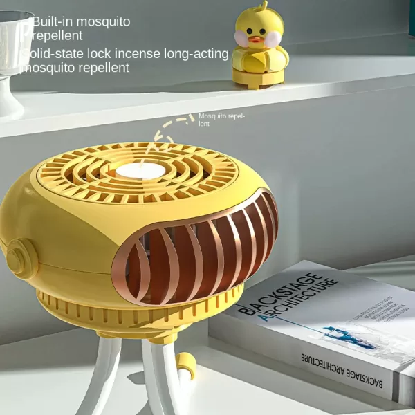 A photo of the Octopus Fan with Light sitting on a table, with its flexible legs spread out in different directions.