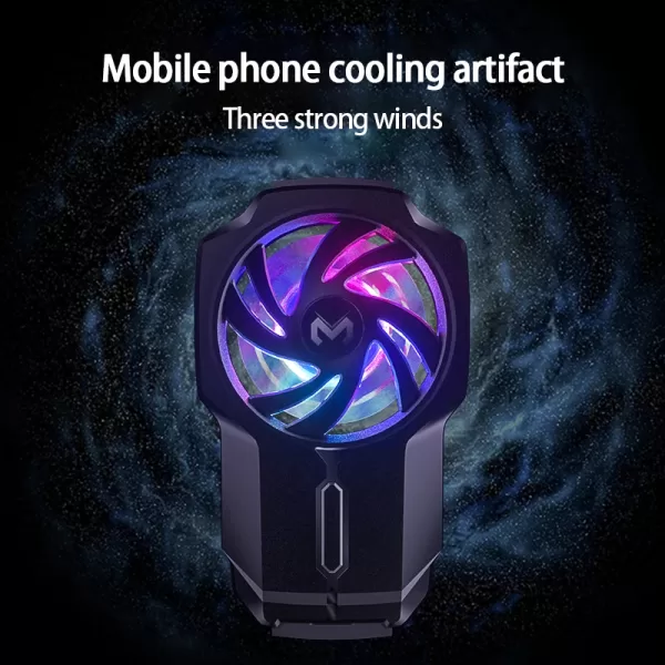 A black MEMO DL05 phone cooling case with a built-in fan vent sits on a desk. A phone with a game displayed on the screen rests inside the case.