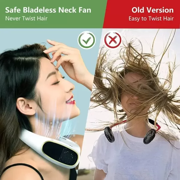 Black portable neck fan with a 360° rotatable fan head worn comfortably around a person's neck while walking outdoors.