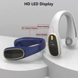 Close-up of the portable neck fan with a finger adjusting the fan speed settings on the control panel, with a USB cable plugged into the charging port.