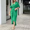 green colorDress Women Short Sleeve High Waist Lace-Up Long Dresses