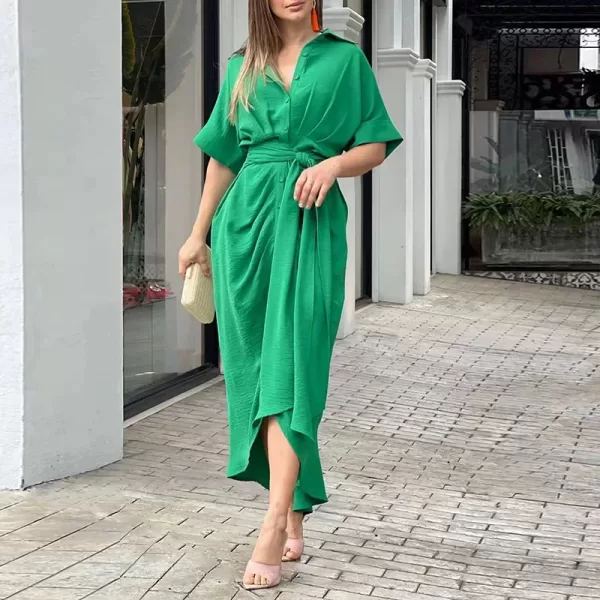 green colorDress Women Short Sleeve High Waist Lace-Up Long Dresses