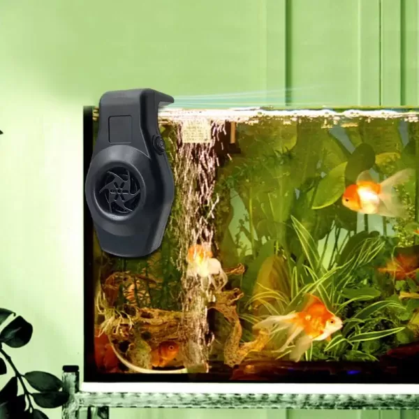 Close-up of the USB Aquarium Fan with a gentle breeze blowing across the water surface.