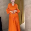 2024 orange color Pleated French Vestito Dress
