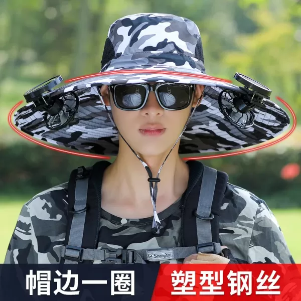 Model wearing a breathable cooling fan hat with a wide brim, enjoying a sunny day outdoors.