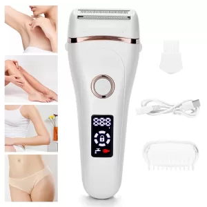 A woman smiling and holding a sleek, ergonomic USB rechargeable epilator in her hand.