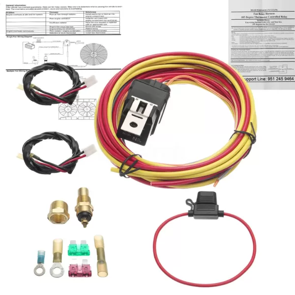 Image showing a black relay, temperature sensor with threads, wire harness, and other electrical components for a car fan.