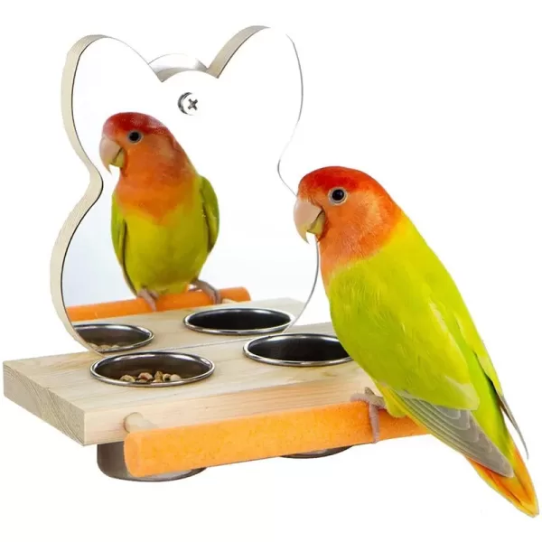 A colorful mini parrot mirror with attached feeder cups and a bowl, perfect for small birds.