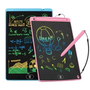 A child excitedly drawing on a colorful 8.5-inch LCD screen drawing tablet, showcasing the mess-free and portable design.