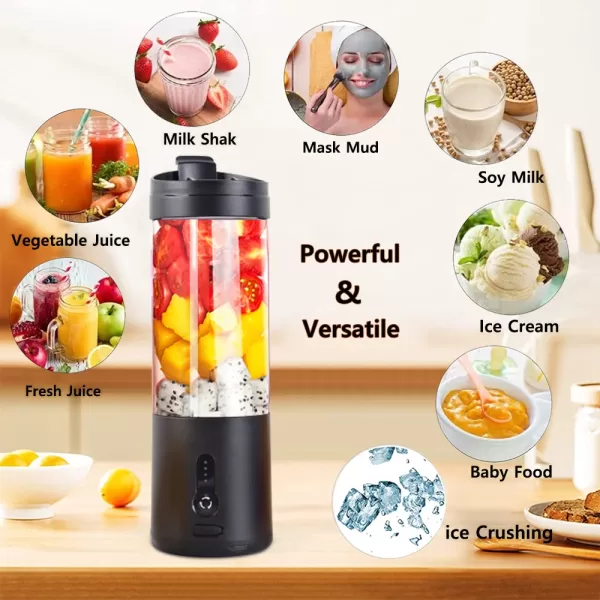 Fresh fruits and vegetables being effortlessly blended inside a mini portable blender.