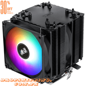 Black double tower CPU cooler with 6 copper heat pipes and colorful ARGB lighting illuminating the fans.