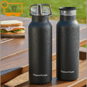 Black ThermoFlask water bottle with the chug lid on, condensation droplets forming on a cold beverage inside pen_spark