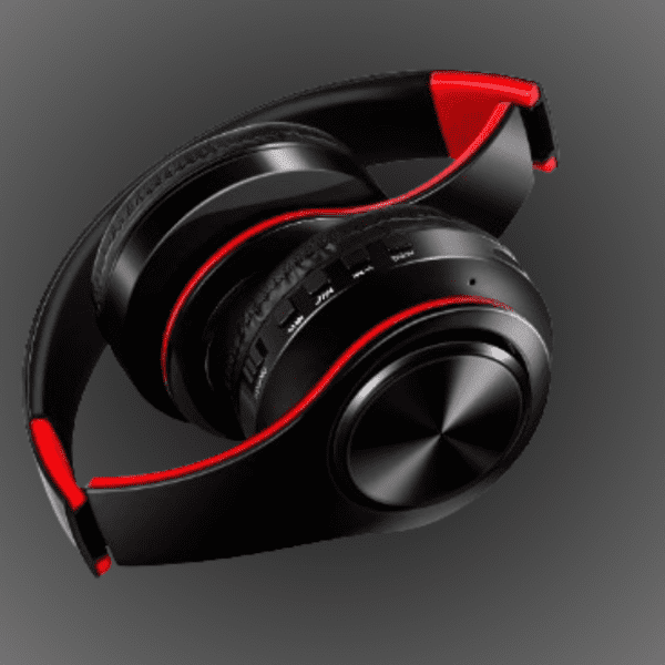 Black leather wireless headphones on a white background.