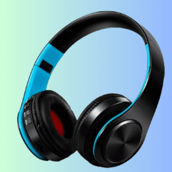 Foldable Bluetooth headset with leather cushions.