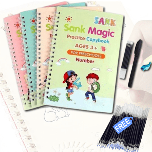 A set of four reusable practice books for children with a magic pen and ink refills.