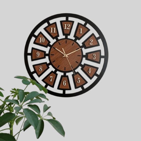 Classic round wooden wall clock with natural wood finish and black hands.