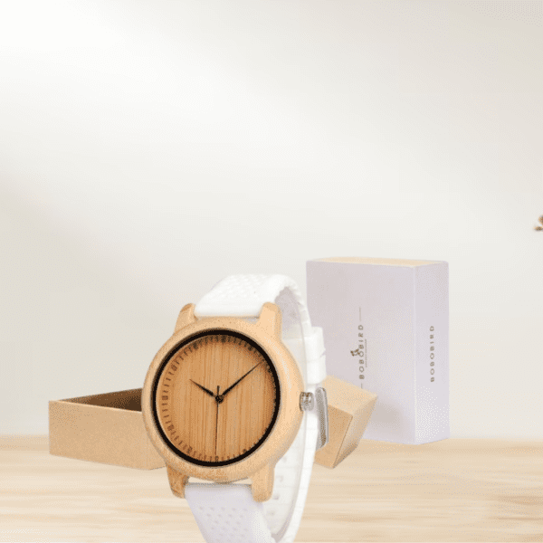 Women's wooden watch with natural grain and minimalist design.