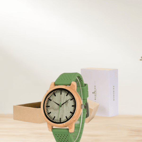 Eco-friendly men's wooden watch with luminous dial.