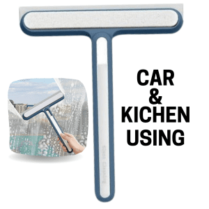 Multipurpose squeegee wiper cleaning a bathroom mirror with a streak-free finish.