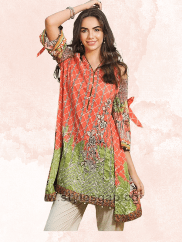 A beautiful Pakistani woman wearing a stylish kurta with intricate embroidery.